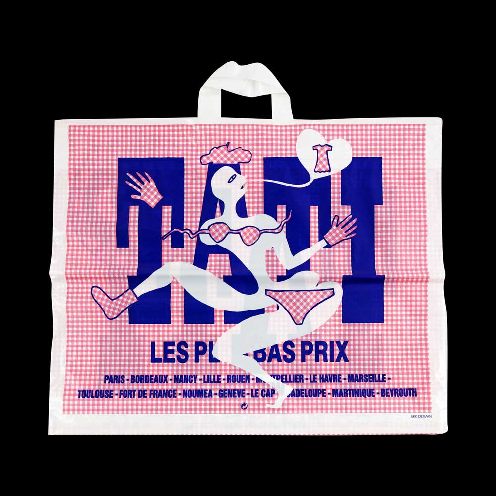 Creation of twelve collector shopping bags for TATI – one per month during a year – for the 50th anniversary of the brand, FLUX Agency - Cyrille Putman, 1998.